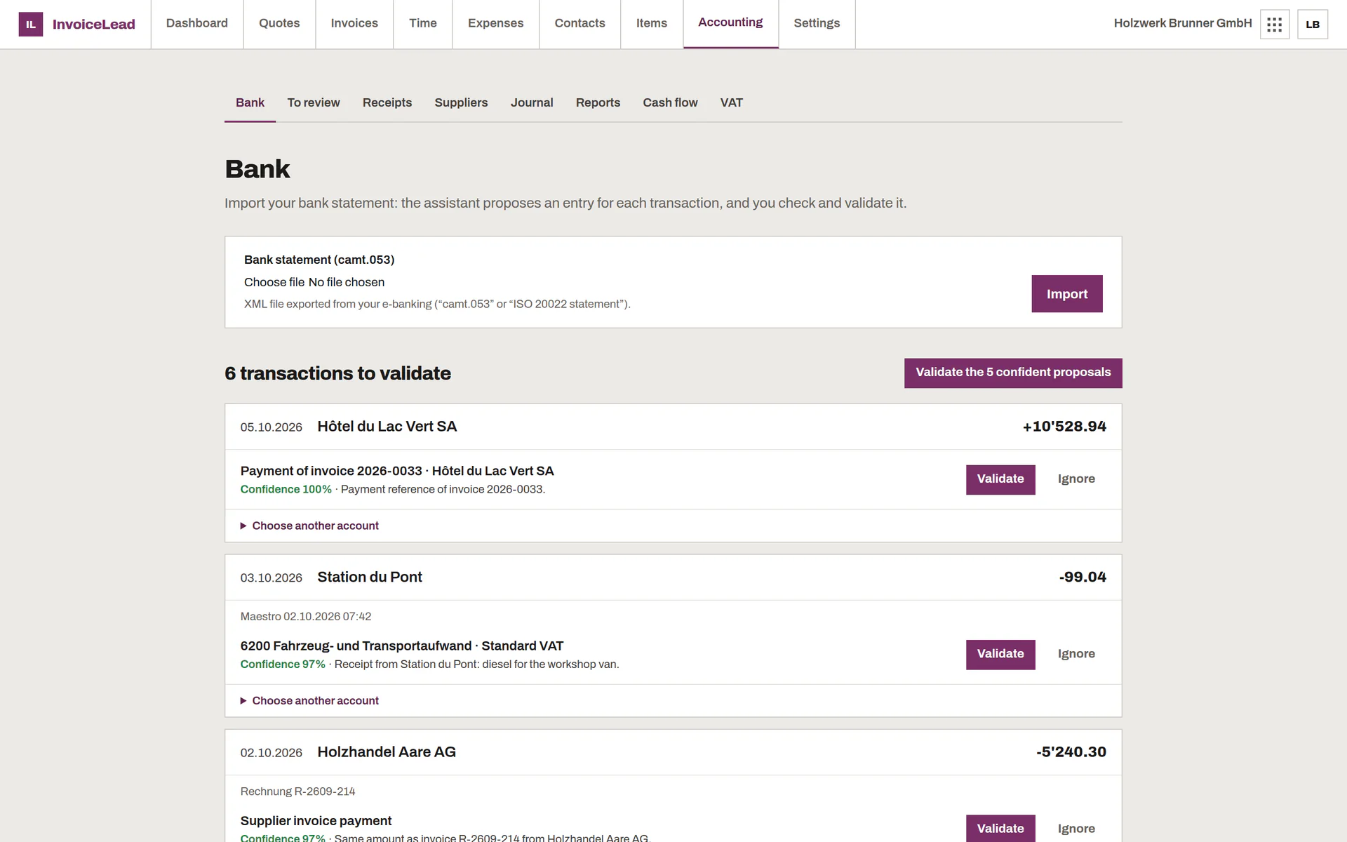 Imported bank statement with suggested matches