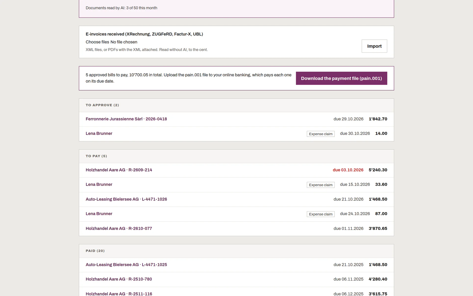 Supplier invoices with their due dates