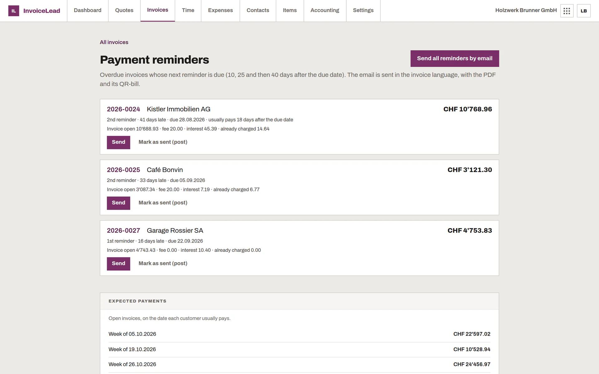 Reminders screen with the overdue invoices