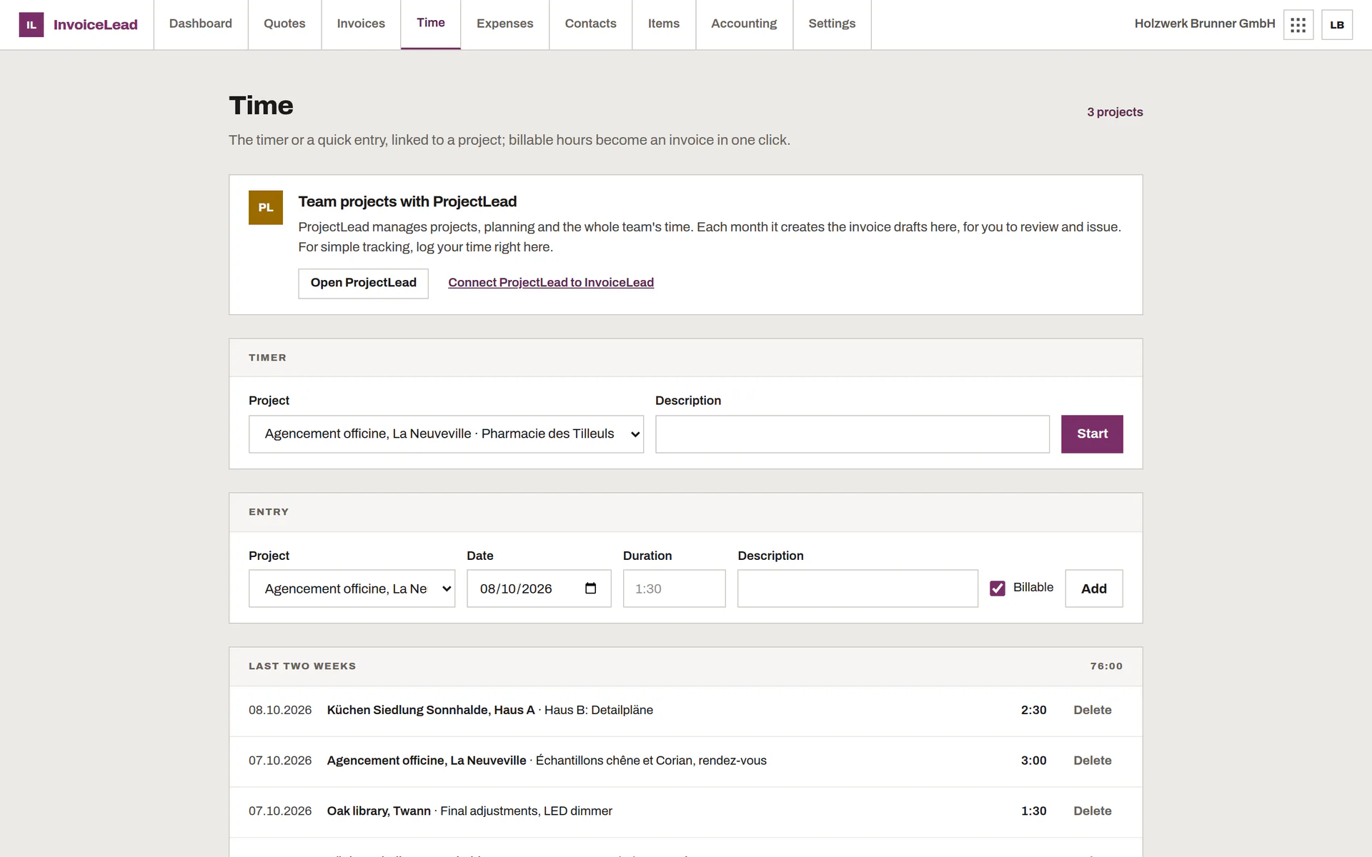 Time tracking by project